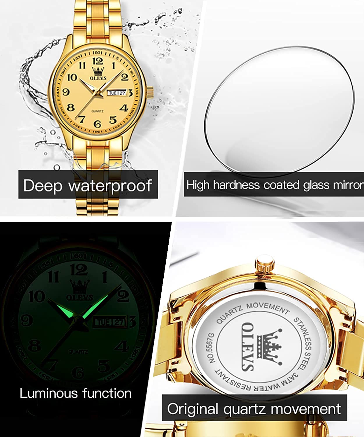 Business Women Watches Day Date,Woman Watches with Silver Gold Stainless Steel,Fashion Luminous Ladies Watches with Black/White Dial,Roman Numeral Womens Watches,Small Face Waterproof Ladies Watches - Image 4